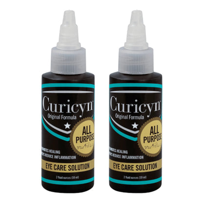 Two bottles of Curicyn Eye Care Solution (2 Pack) with original formula for pet eye healing and inflammation relief.