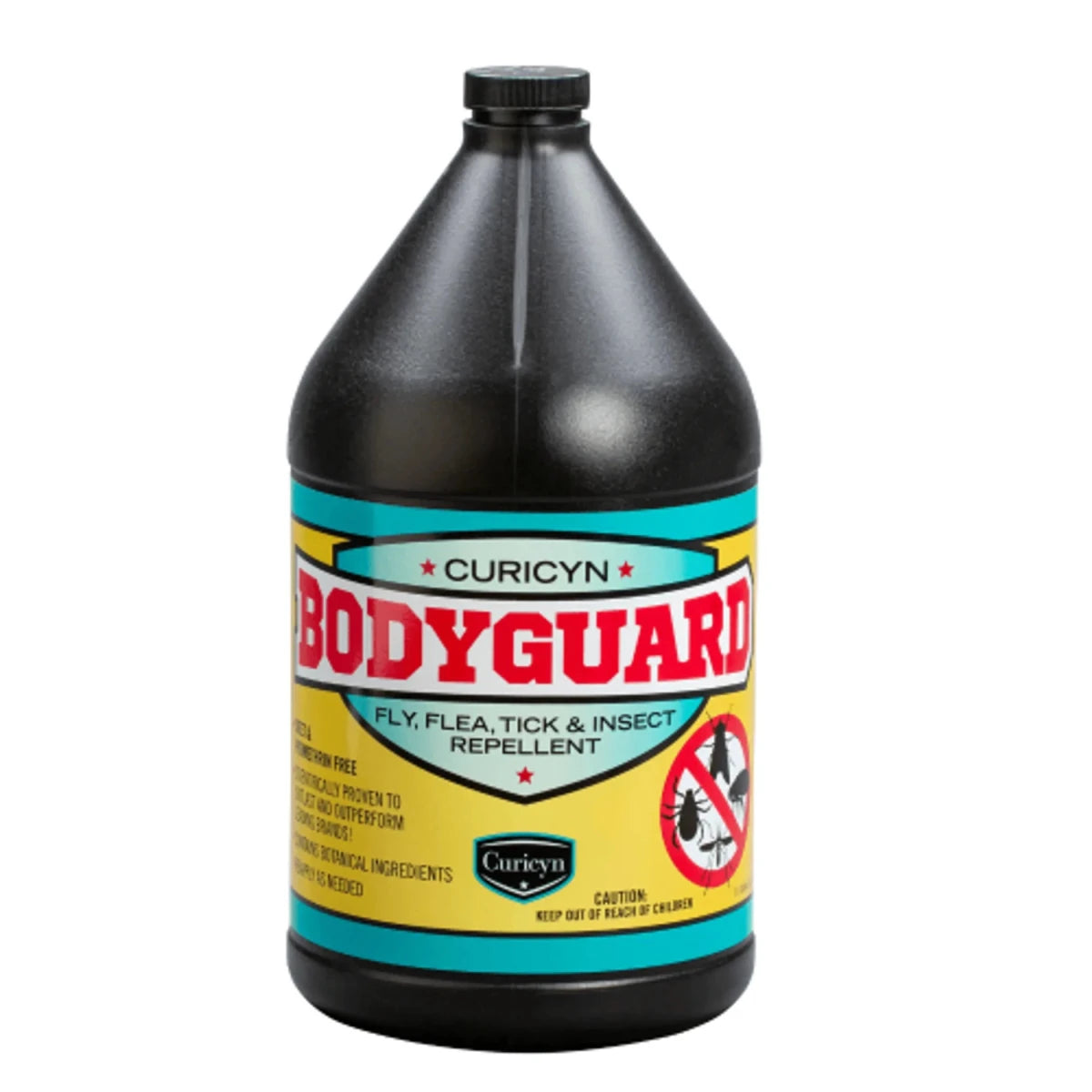 BodyGuard Fly, Flea, Tick and Insect Repellent gallon container with yellow and red label against white background