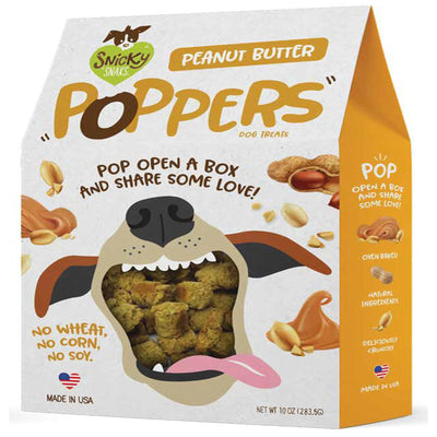 Peanut Butter Poppers box with cartoon dog face and visible treat pieces through window