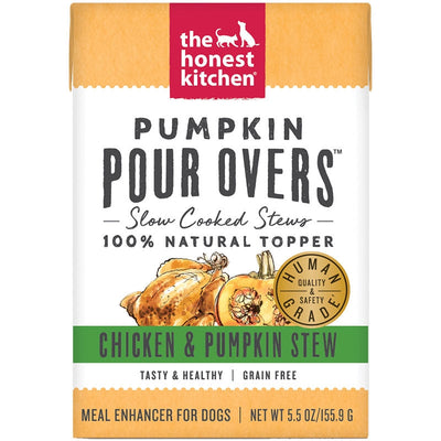 The Honest Kitchen Pumpkin Pour Overs Chicken & Pumpkin Stew for dogs, 5.5 oz, in a white and orange carton.