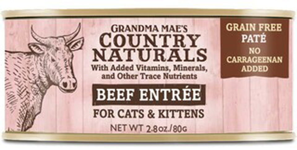 Grandma Mae's Country Naturals Grain-Free Pate Wet Cat & Kitten Wet Cat Food Beef, 2.8 oz each, Case of 24