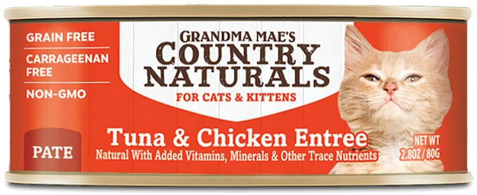 Grandma Mae's Country Naturals Grain-Free Pate Wet Cat & Kitten Wet Cat Food Tuna & Chicken, 2.8 oz each, Case of 24