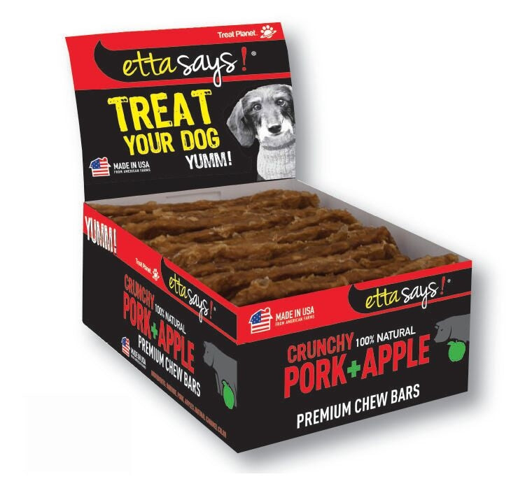 Etta Says! Pork apple rawhide chew bars - Natural dog treat, 12 ct display