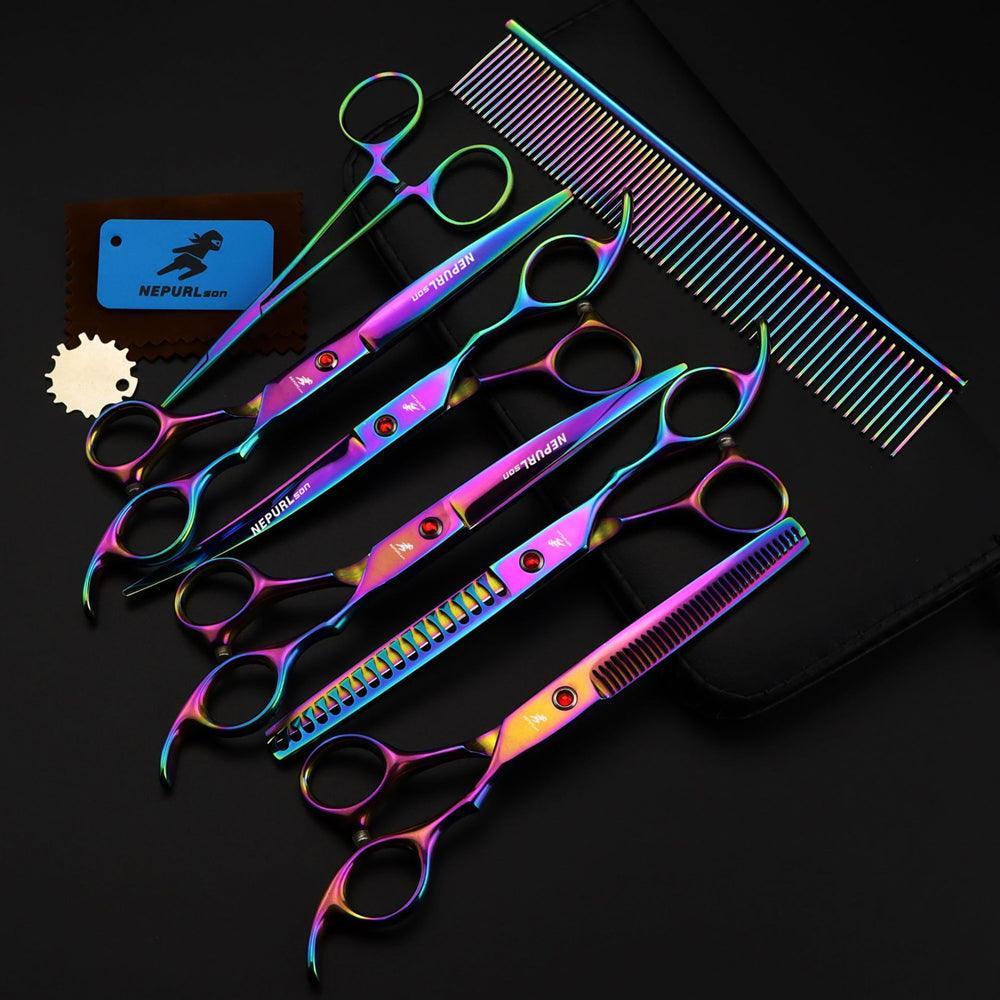 7 Inch Electroplating Color Pet Grooming Scissors - 5 - Piece Set - Pets Perfect