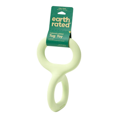Light green Earth Rated natural rubber tug toy with a green hang tag, shown on a white background.