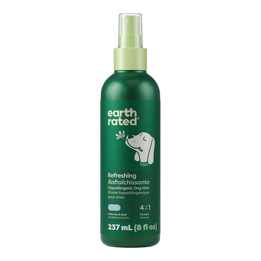 Dark green spray bottle of Earth Rated Refreshing hypoallergenic dog mist, 8 oz