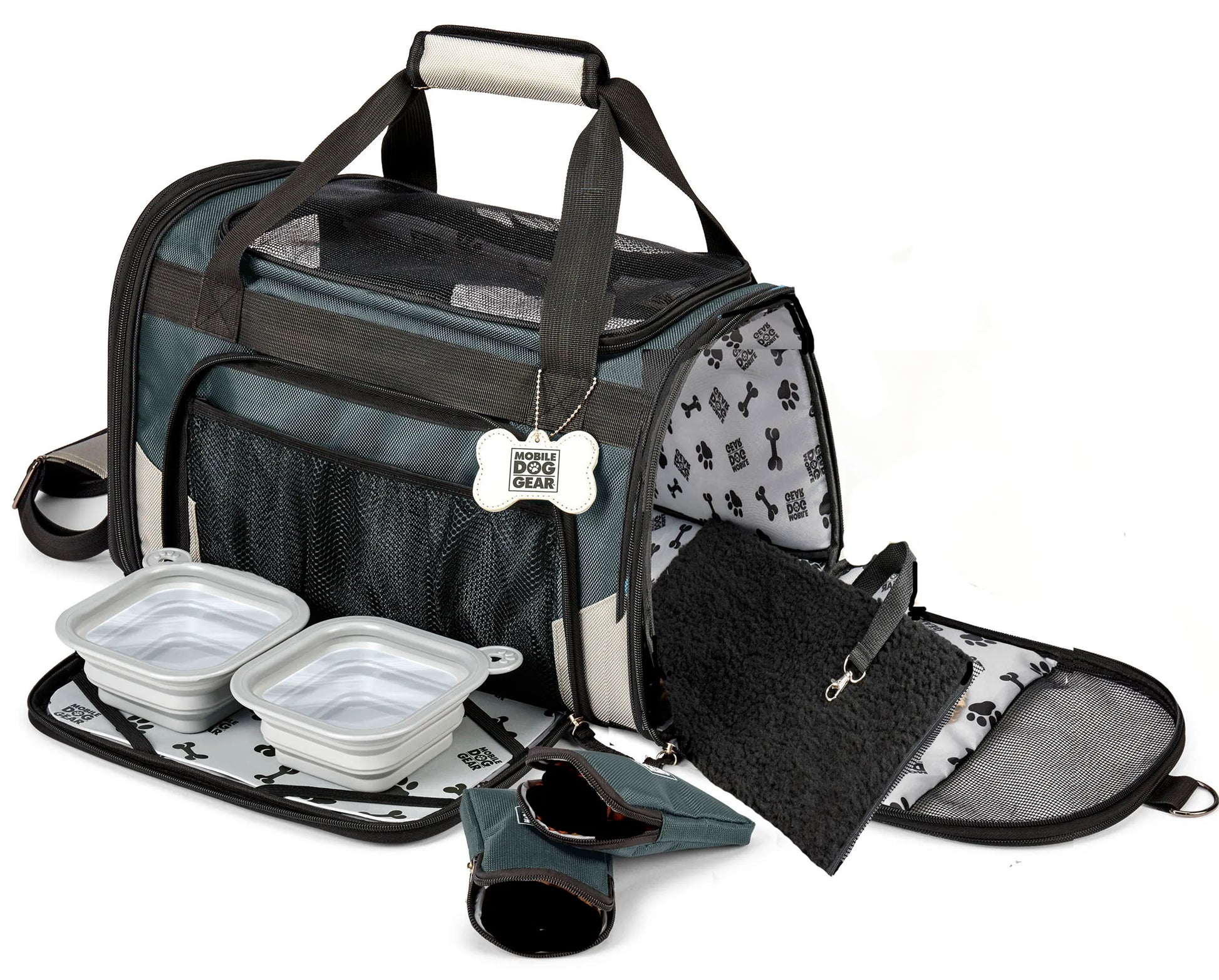 Mobile Dog Gear Pet Carrier Plus with collapsible bowls, storage pockets, leash clip, and soft interior lining.