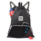 Mobile Dog Gear Dogssentials Drawstring Cinch Sack black with water bottles and earphones, dog waste bag dispenser