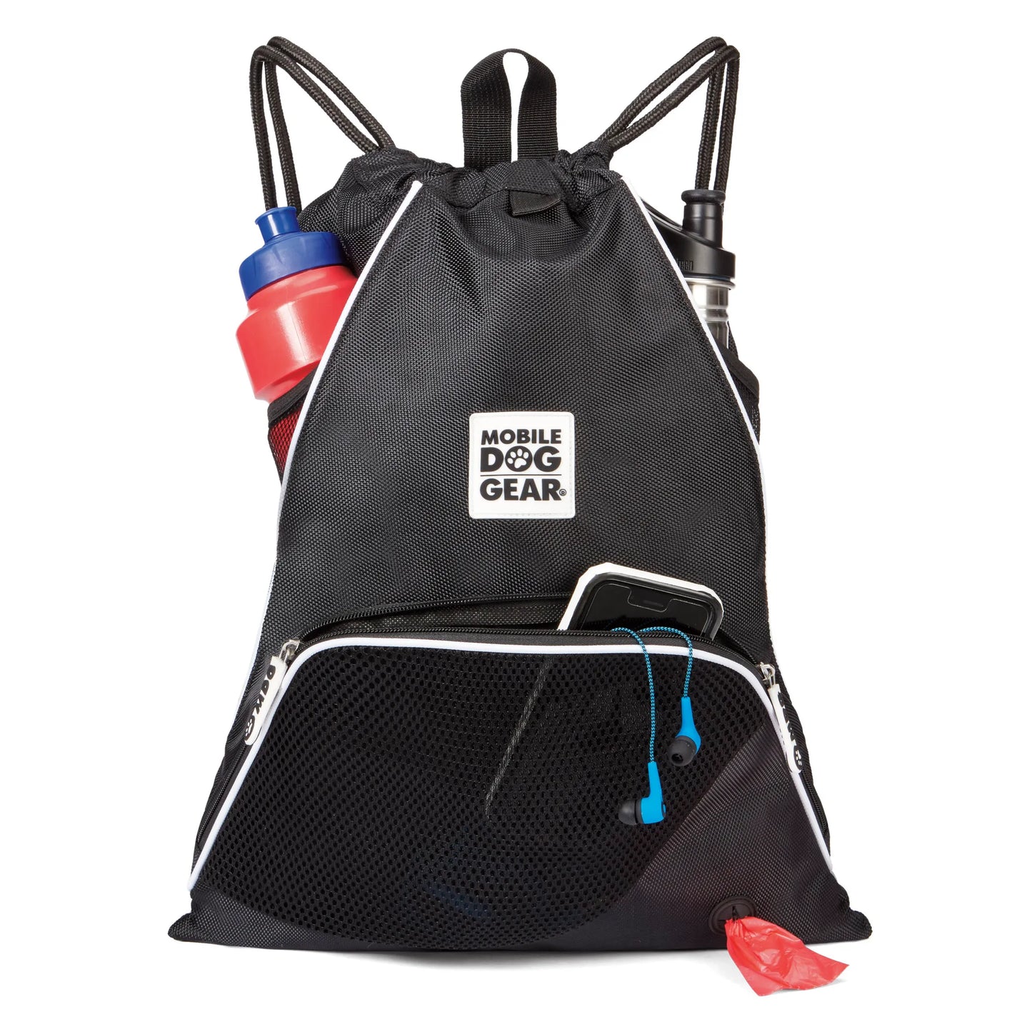 Mobile Dog Gear Dogssentials Drawstring Cinch Sack black with water bottles and earphones, dog waste bag dispenser