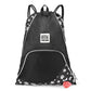 Mobile Dog Gear Dogssentials Drawstring Cinch Sack with paw print design and front mesh pocket for dog supplies storage.