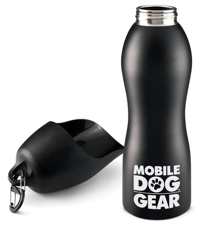 Mobile Dog Gear 25 Oz Water Bottle with black matte finish and attached portable dog water bowl for travel