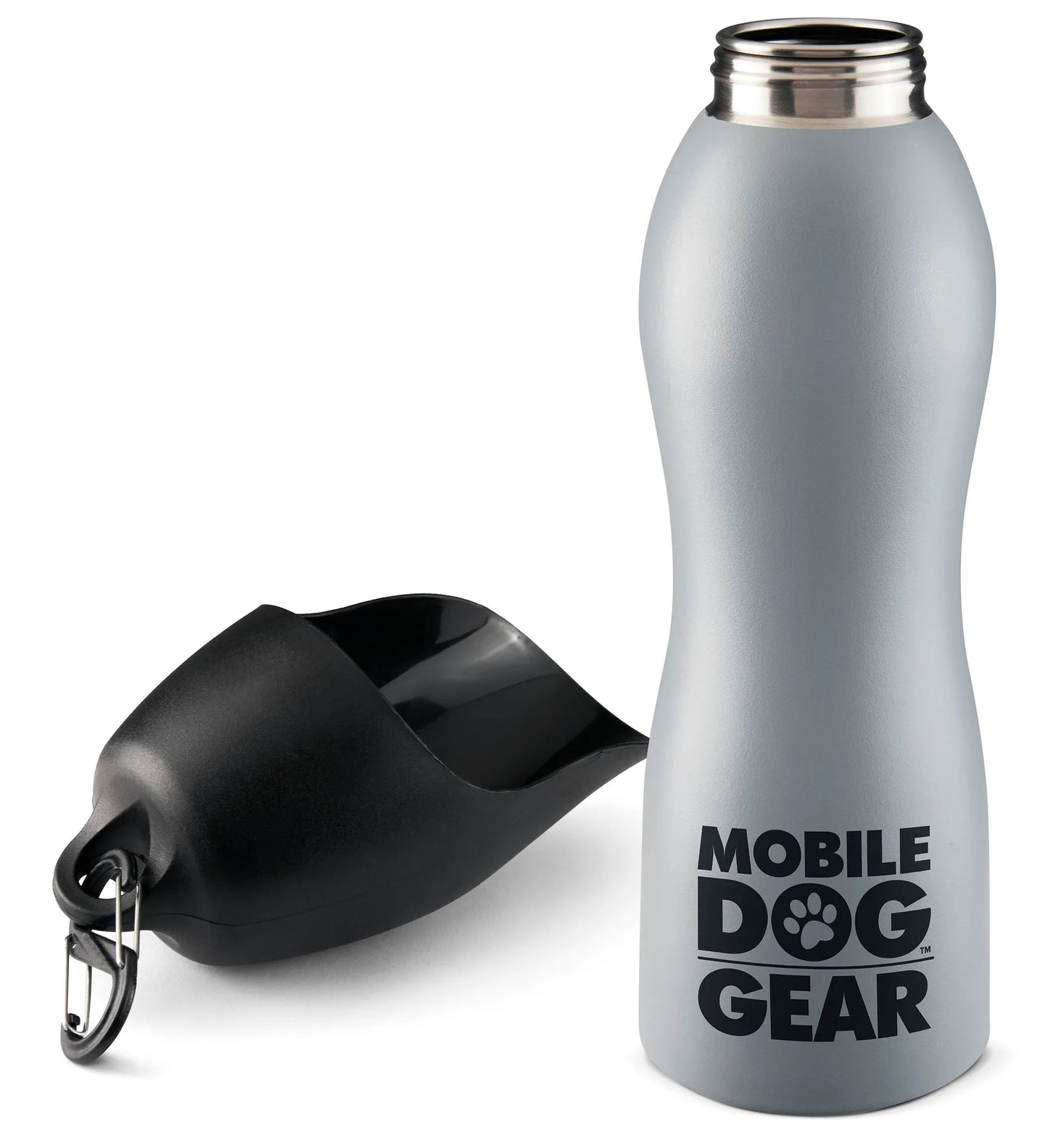 Mobile Dog Gear 25 Oz Water Bottle with attached black pet drinking bowl for outdoor dog hydration.