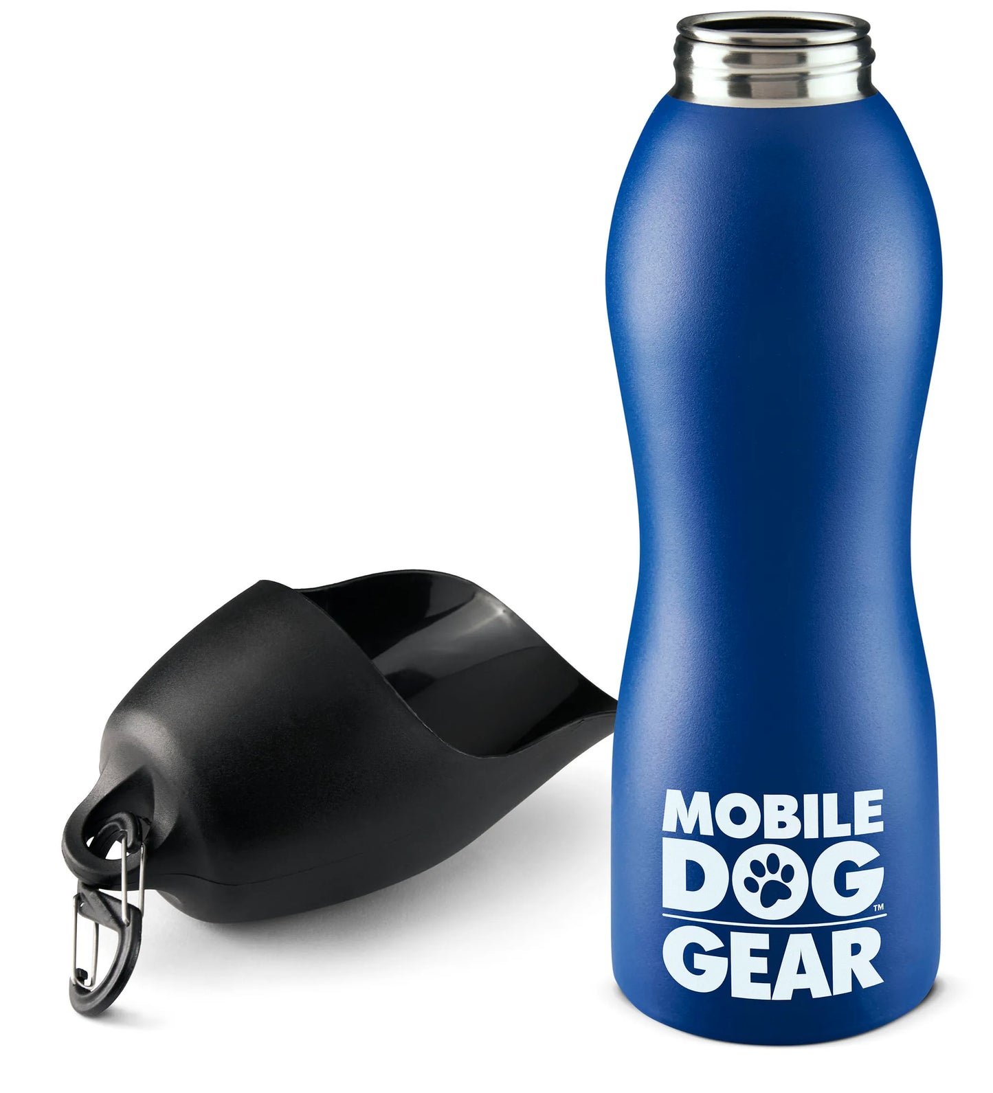 Blue Mobile Dog Gear 25 Oz Water Bottle with detachable black dog bowl and metal clip for pet supplies use.