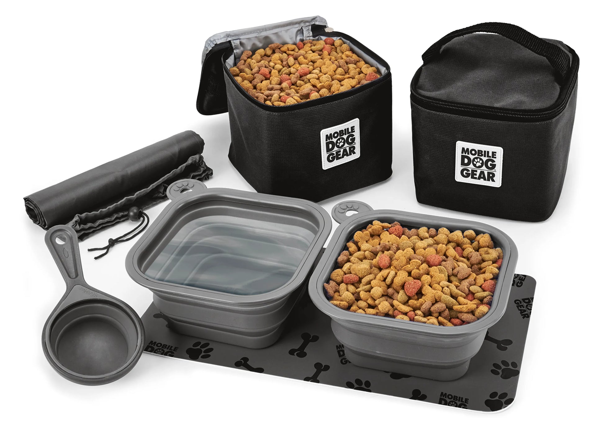 Mobile Dog Gear Dine Away Bag (Medium/Large Dogs) with collapsible bowls, scoop, and food storage containers on a mat