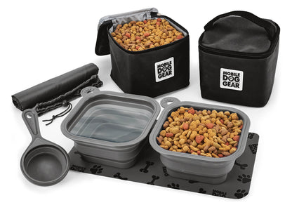 Mobile Dog Gear Dine Away Bag (Medium/Large Dogs) with collapsible bowls, scoop, and food storage containers on a mat