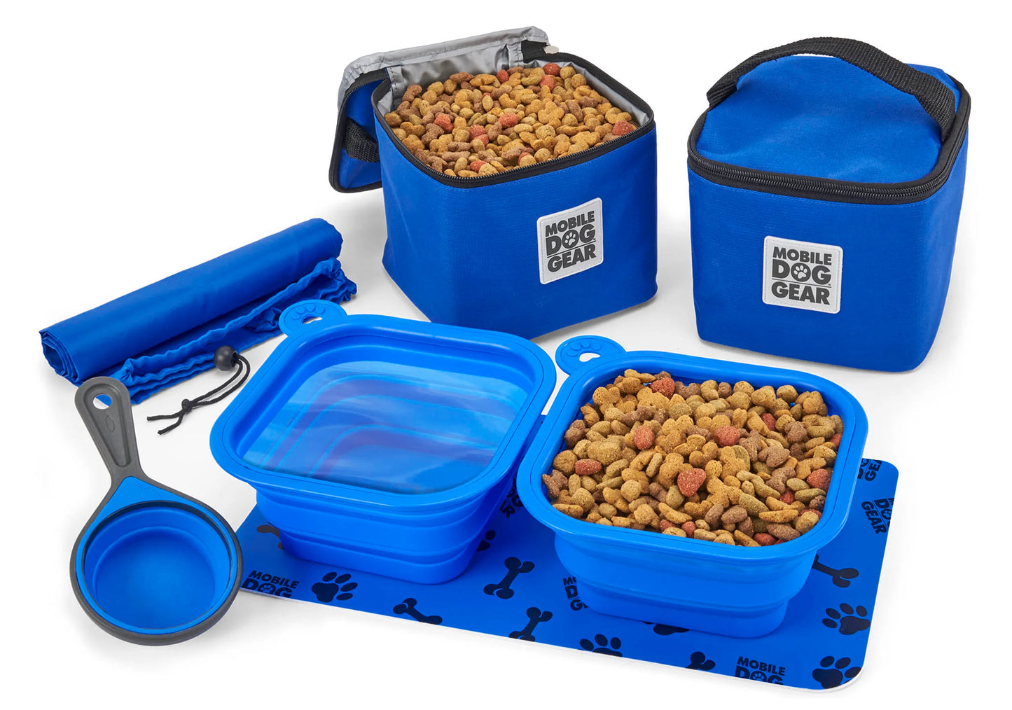 Blue dog food containers, collapsible bowls, and measuring scoop set with Mobile Dog Gear Dine Away Bag (Medium/Large Dogs)