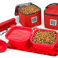Mobile Dog Gear Dine Away Bag (Medium/Large Dogs) with collapsible bowls, scoop, mat, and food storage containers in red.