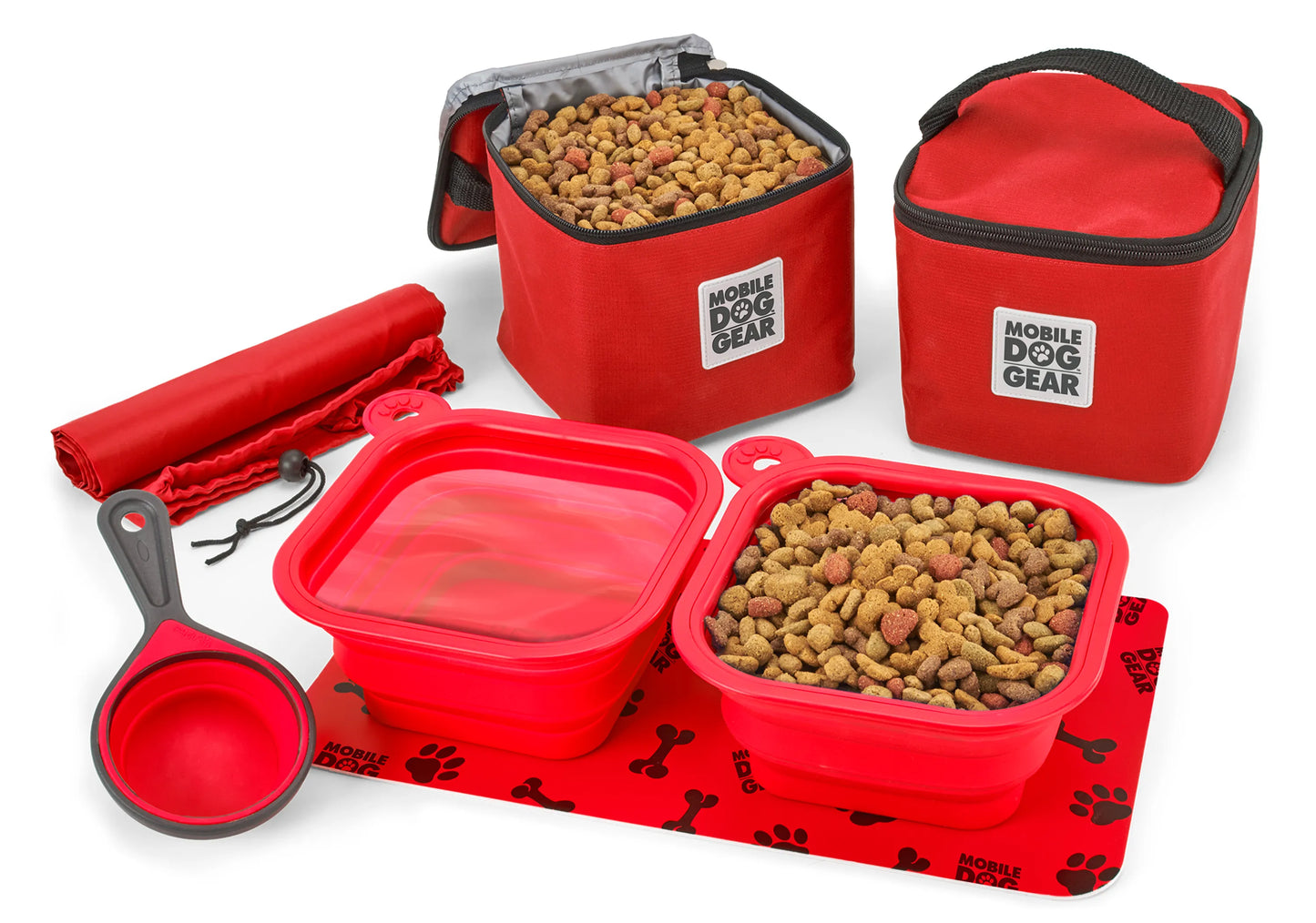Mobile Dog Gear Dine Away Bag (Medium/Large Dogs) with collapsible bowls, scoop, mat, and food storage containers in red.