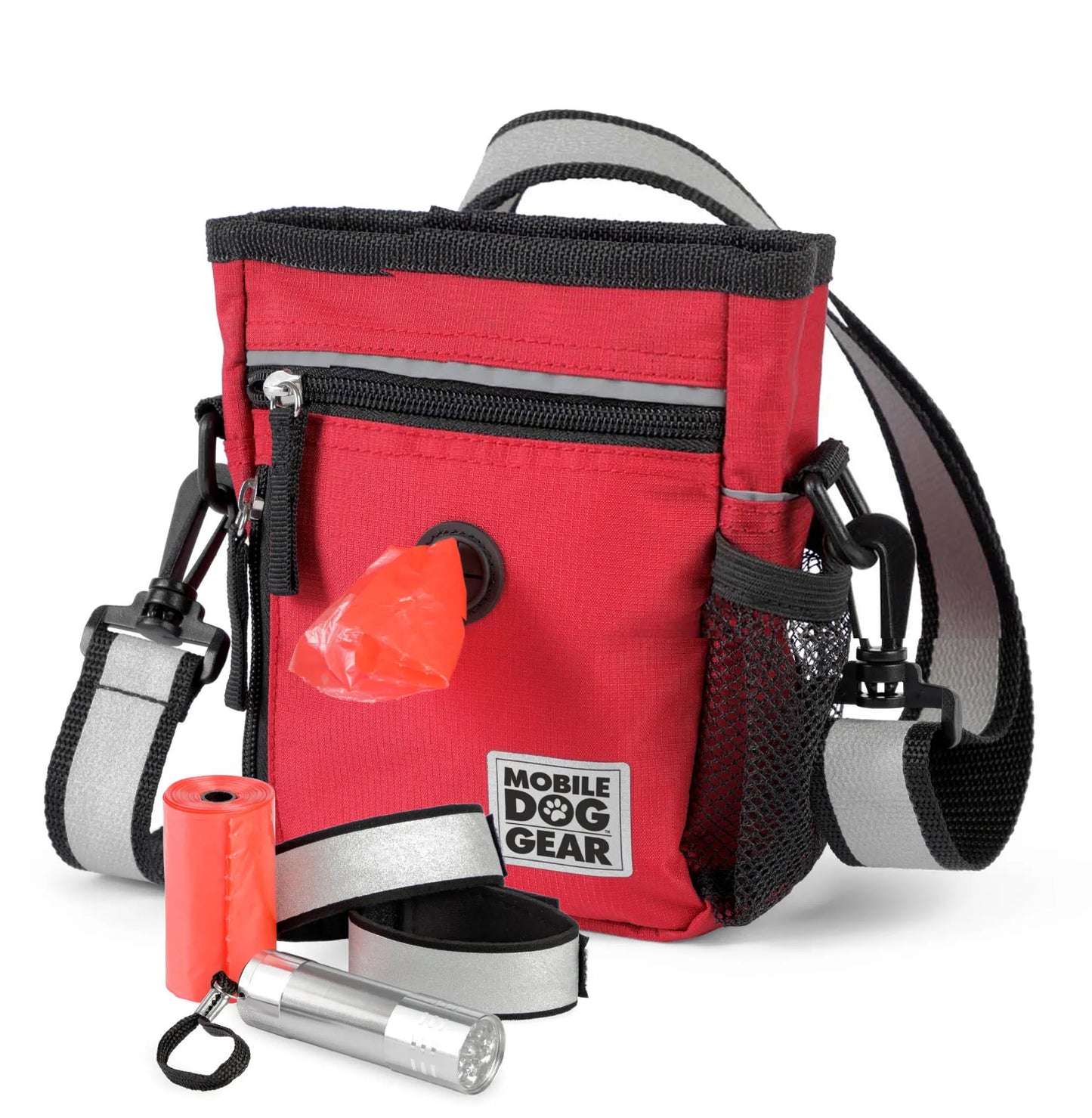 Mobile Dog Gear Day/Night 6 Piece Walking Bag with red pouch, reflective strap, waste bags, flashlight, and water bottle holder.