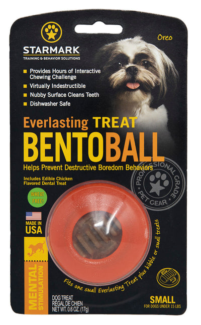 Starmark Everlasting Treat Bento Ball in orange packaging with a Shih Tzu dog, showing product features.