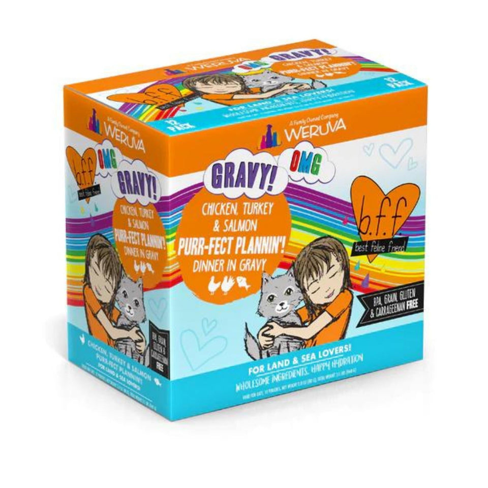 BFF Grain-Free Chicken, Turkey & Salmon Wet Cat Food in Gravy, 2.8 oz Pouch 12 ct