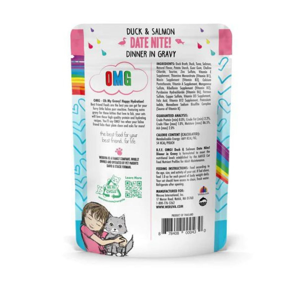 Duck and Salmon Date Nite pouch back with ingredients and nutrition panel