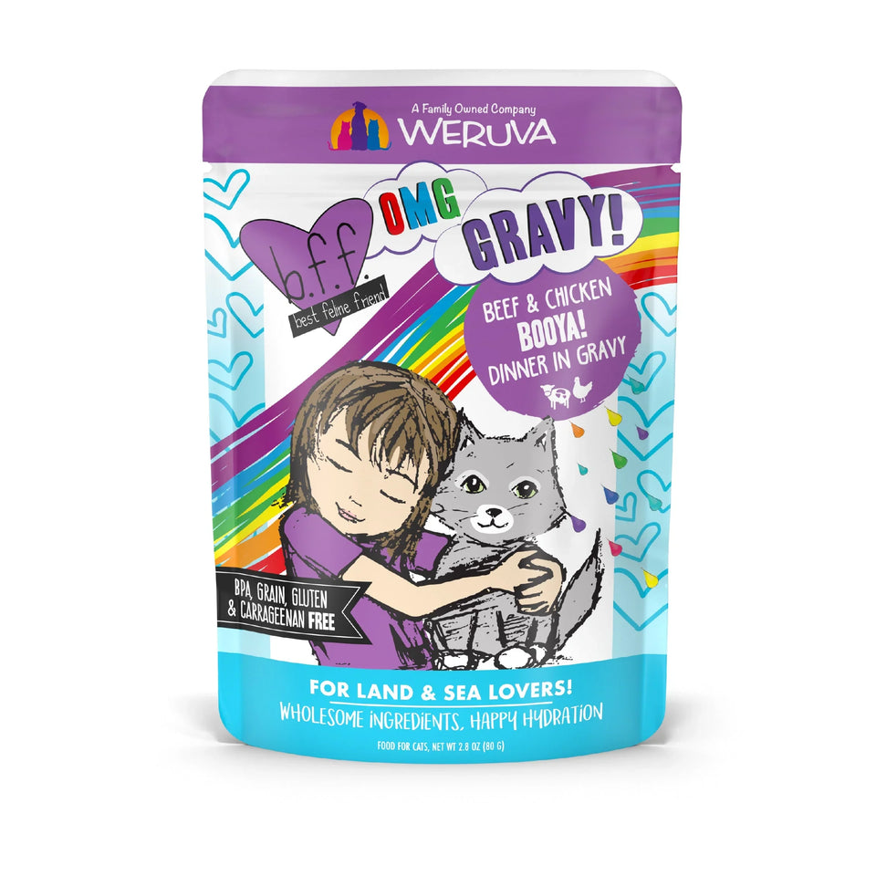 BFF Cat Omg Booya! Beef and Chicken Dinner in Gravy 2.8 oz. Pouch 12 ct