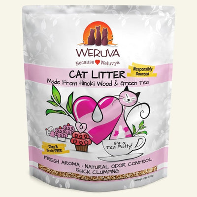 Weruva Tea Potty Cat Litter bag, 6.7 lbs, with a pink cat, heart, cupcakes, and tea cup design.