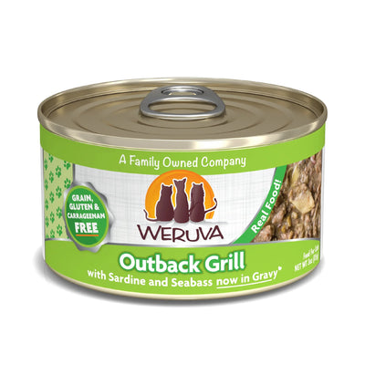 Weruva Outback Grill cat food can with sardine and seabass in gravy.
