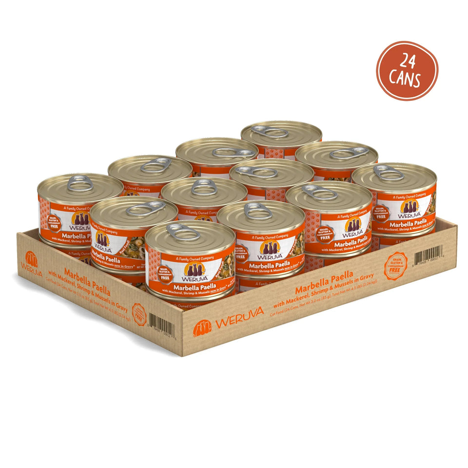 Weruva Cat Marbella Paella with Mackerel, Shrimp and Mussels in Gravy, 3 oz each, Case of 24