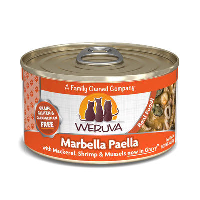 Weruva Marbella Paella cat food can with mackerel, shrimp, and mussels in gravy, 3 oz.
