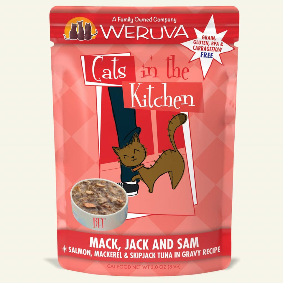 Cats in The Kitchen Mack, Jack & Sam Salmon, Mackerel & Skipjack Tuna in Gravy 3 oz. Pouch 12 ct