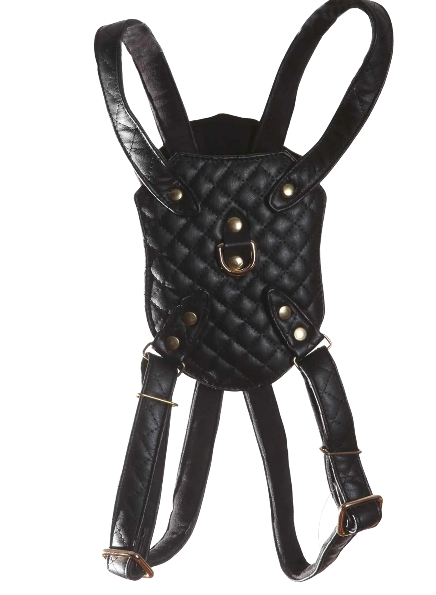 Black quilted leather-style dog harness with adjustable straps and metal D-ring, named Quilt Dog Harness.