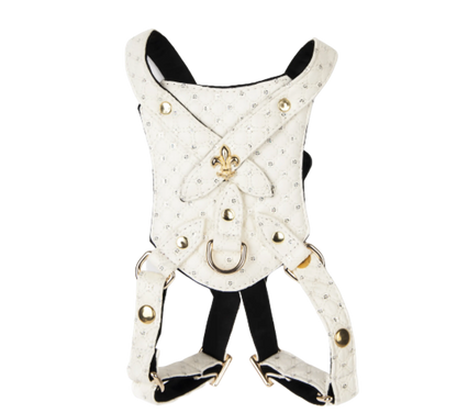 White leather Sparkle Harness with gold-tone hardware and decorative fleur-de-lis detail for pet supplies.