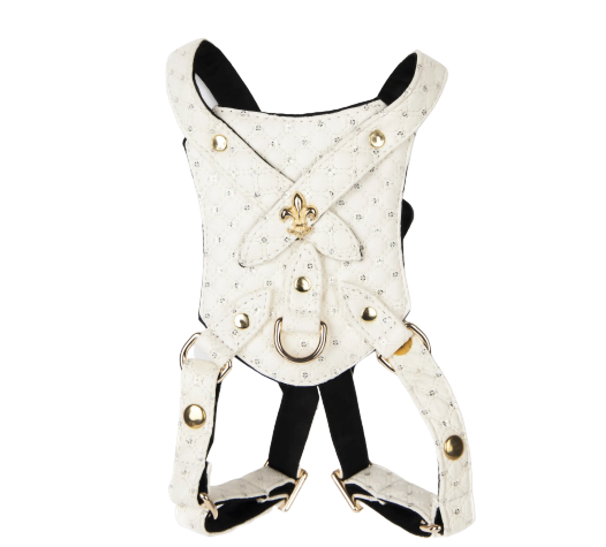 White Sparkle Harness with decorative studs and metal accents designed for pets in an online pet supplies store