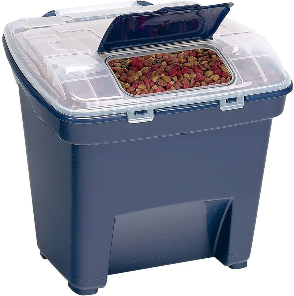 Navy Smart Storage food bin at an angle with lid open showing kibble