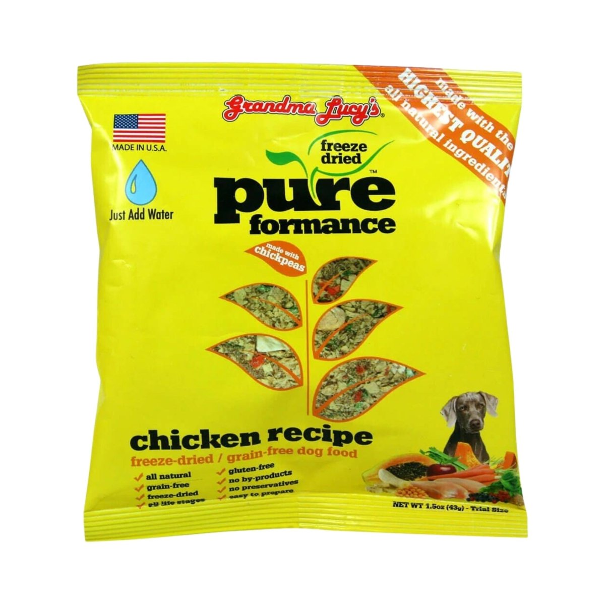 Grandma Lucy's Pureformance Grain - Free Chicken & Chickpea Freeze - Dried Dog Food - Trial Size 1.5 oz (Case of 6) - Pets Perfect