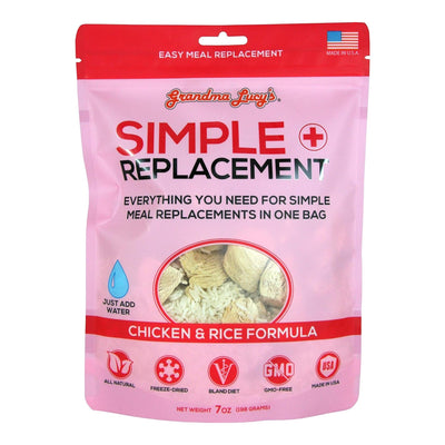 Simple Replacement Chicken and Rice pouch, pink meal-replacement packaging with add-water icon