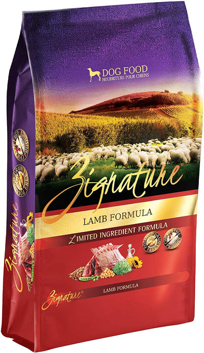 Zignature Dog Grain-Free Lamb food bag, purple and red, with a flock of sheep in a field and lamb ingredients.