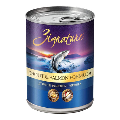 Zignature Trout & Salmon Formula dog food can with a jumping fish, purple and blue label, and "Limited Ingredient Formula" te