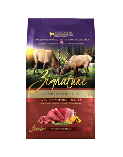 Purple and red Zignature dog food bag with elk on top, raw venison and ingredients on bottom.