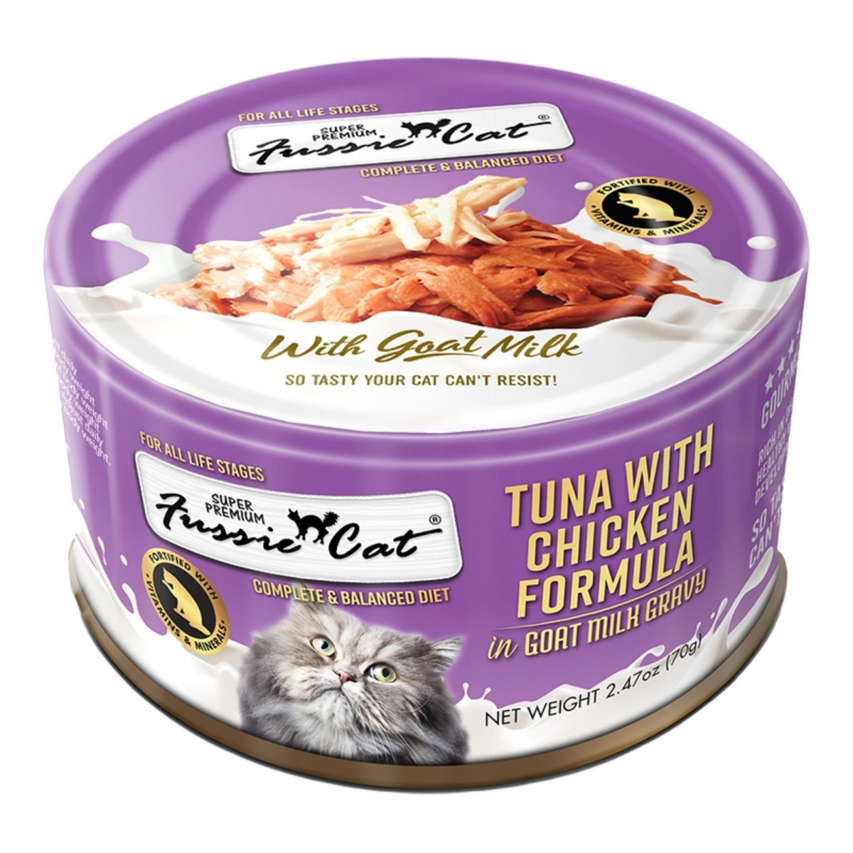 Fussie Cat Premium Tuna with Chicken in Goat milk Gravy 2.47oz. (Case of 24) - Pets Perfect