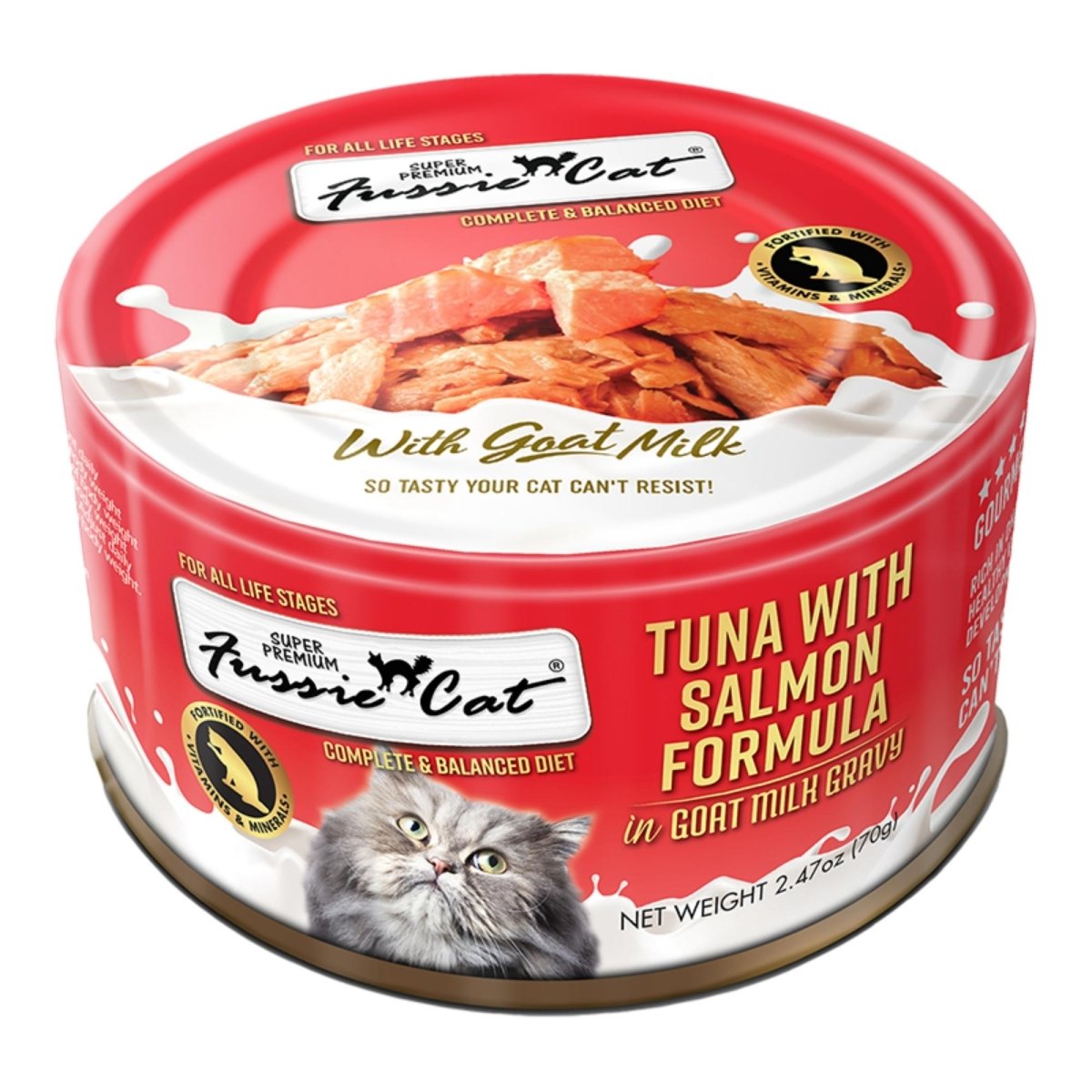Fussie Cat Premium Tuna with Salmon in Goat milk Gravy 2.47oz. (Case of 24) - Pets Perfect