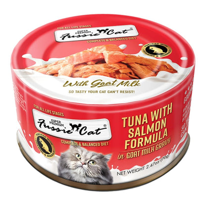 Fussie Cat Premium Tuna with Salmon in Goat milk Gravy 2.47oz. (Case of 24) - Pets Perfect