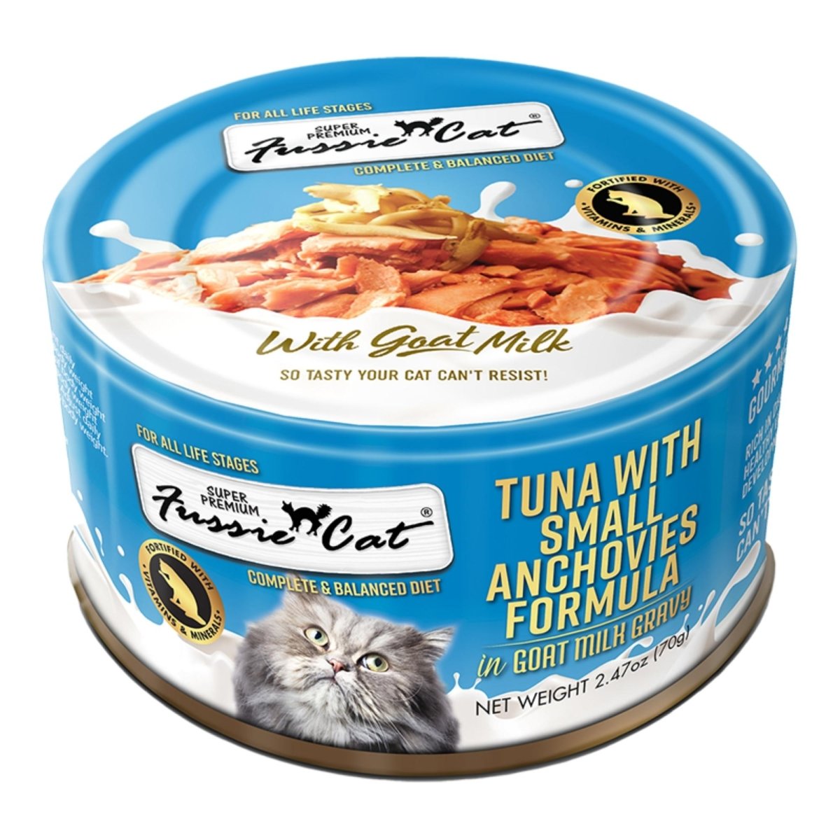 Fussie Cat Premium Tuna with Small Anchovies in Goat milk Gravy 2.47oz. (Case of 24) - Pets Perfect