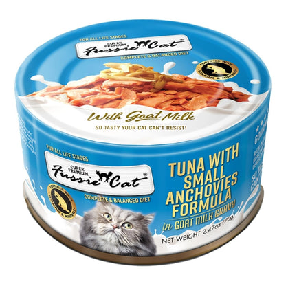 Fussie Cat Premium Tuna with Small Anchovies in Goat milk Gravy 2.47oz. (Case of 24) - Pets Perfect