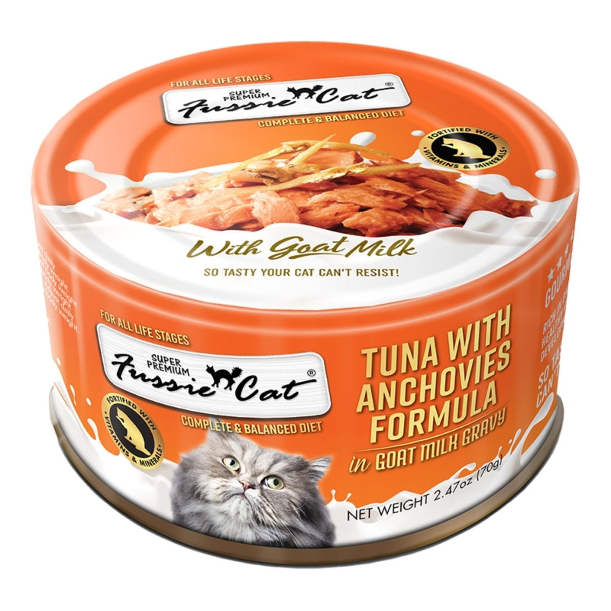 Fussie Cat Premium Tuna with Anchovies in Goat milk Gravy 2.47oz. (Case of 24) - Pets Perfect