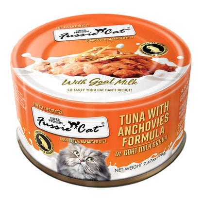 Fussie Cat Premium Tuna with Anchovies in Goat milk Gravy 2.47oz. (Case of 24) - Pets Perfect