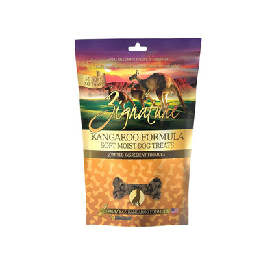 Zignature Kangaroo Soft Moist Dog Treats in a purple and orange pouch with a kangaroo graphic.