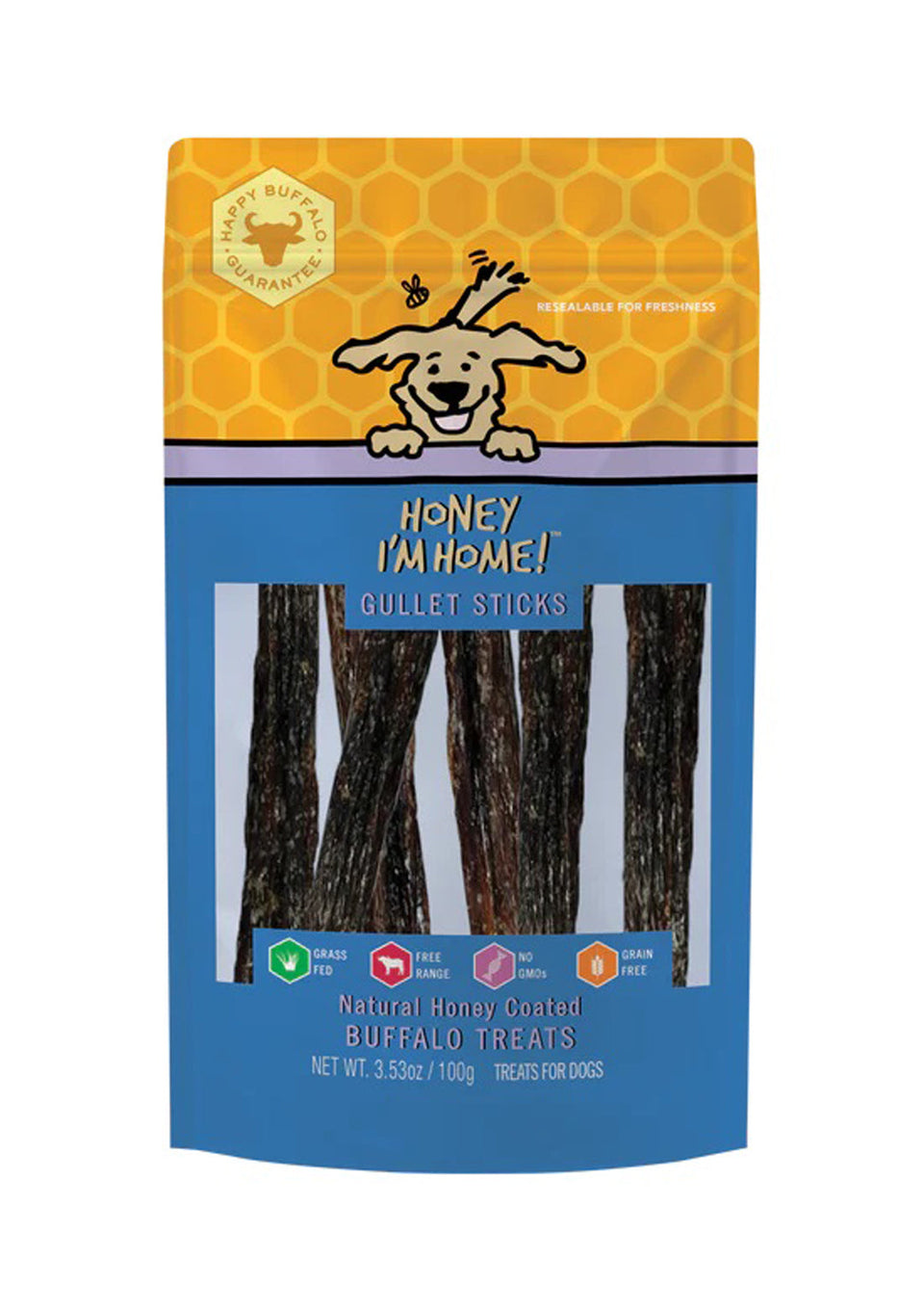 Honey I'm Home Dog Natural Honey Coated Buffalo Dog Treats Gullet Sticks, 3.53 oz